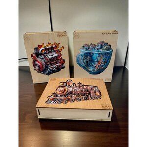 Creative Wooden Puzzles Set W/ Ironclad Dynamo Ocean Mug & Mechanical Steam Trai